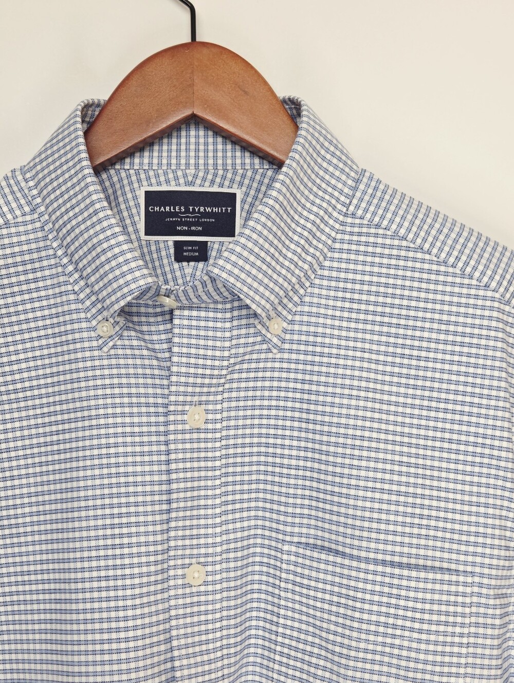 Charles Tyrwhitt Medium Blue White Check Dress Shirt Non-Iron Slim Fit Cotton